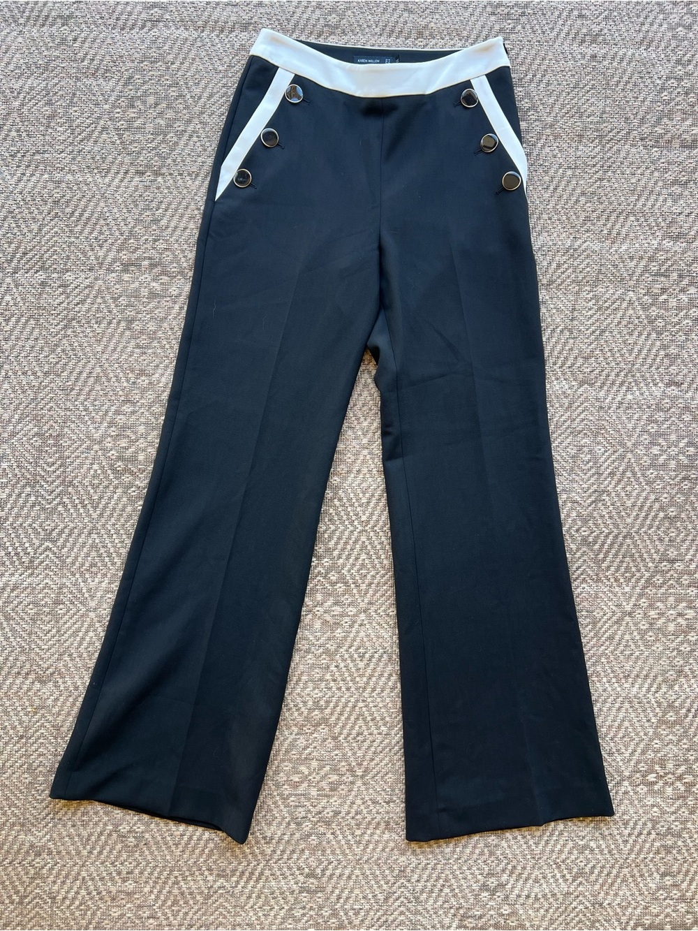 Karen Millen‎ Black Sailor Trousers Size 6 Cream Trim Button Detail Pants